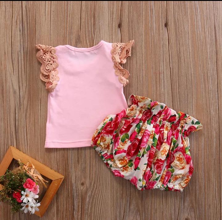 Pink Lace Top With Floral Bottom