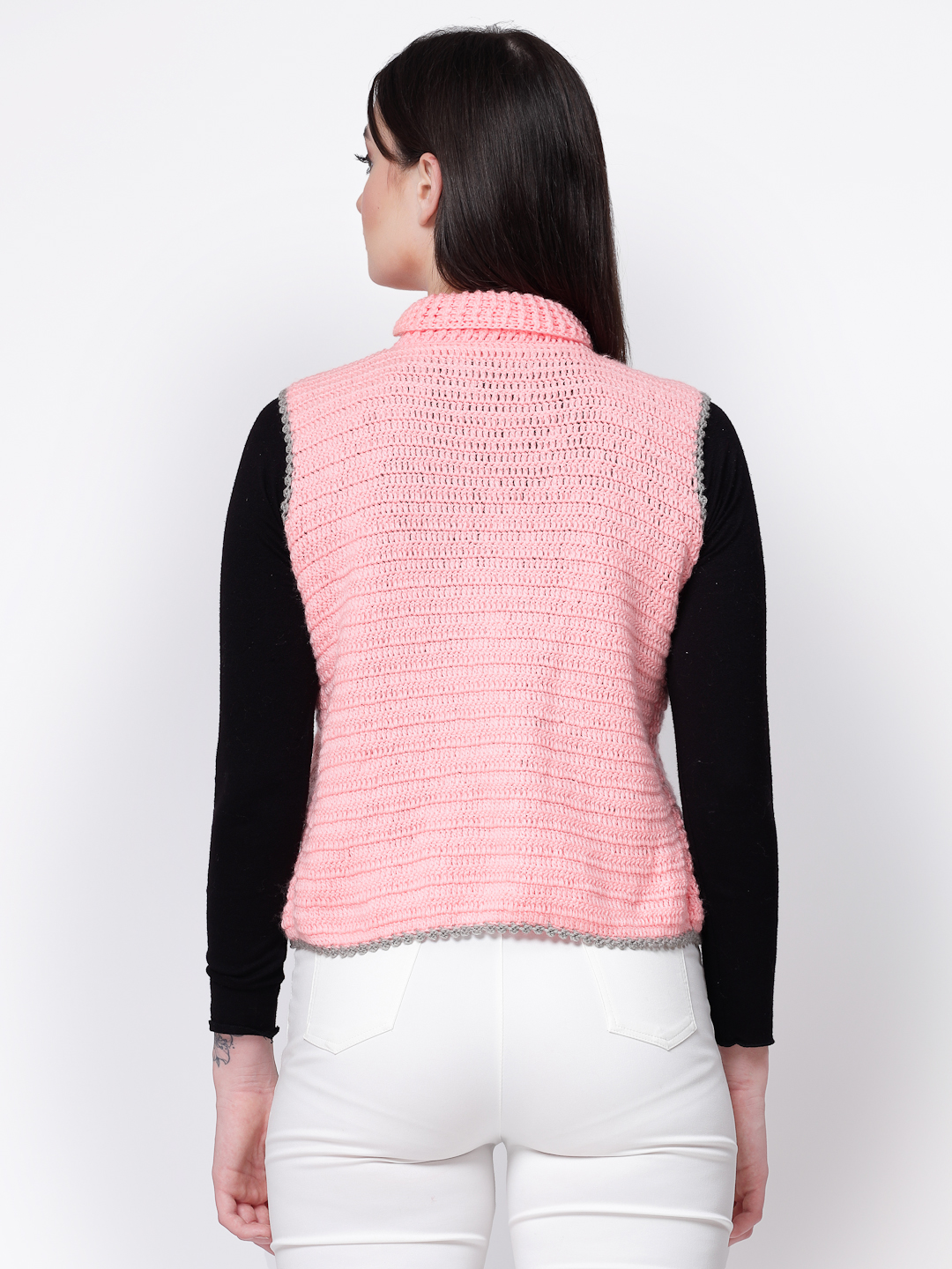 Women Crochet Bow Detailing High Neck Sweater - Peach