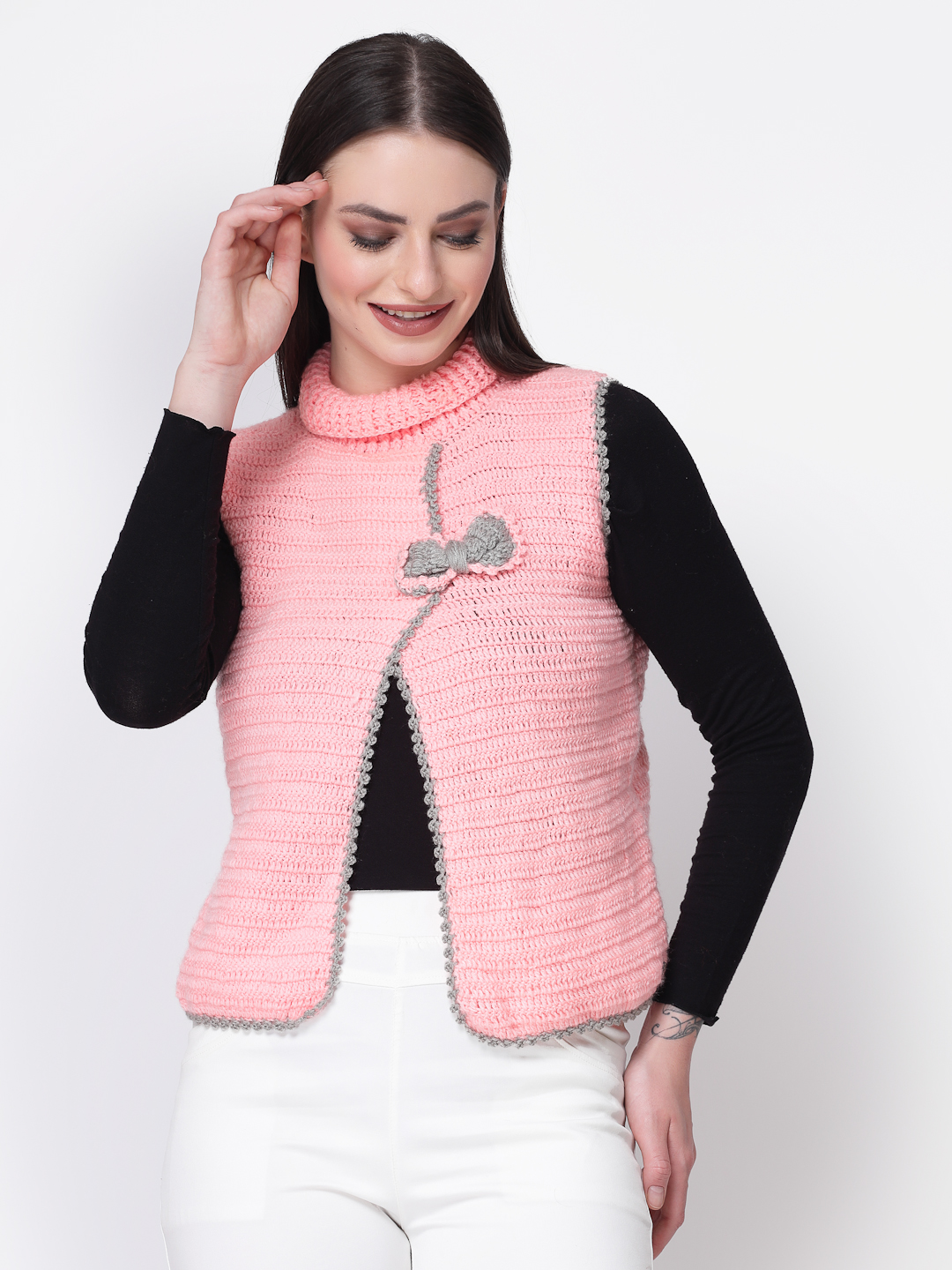 Women Crochet Bow Detailing High Neck Sweater - Peach