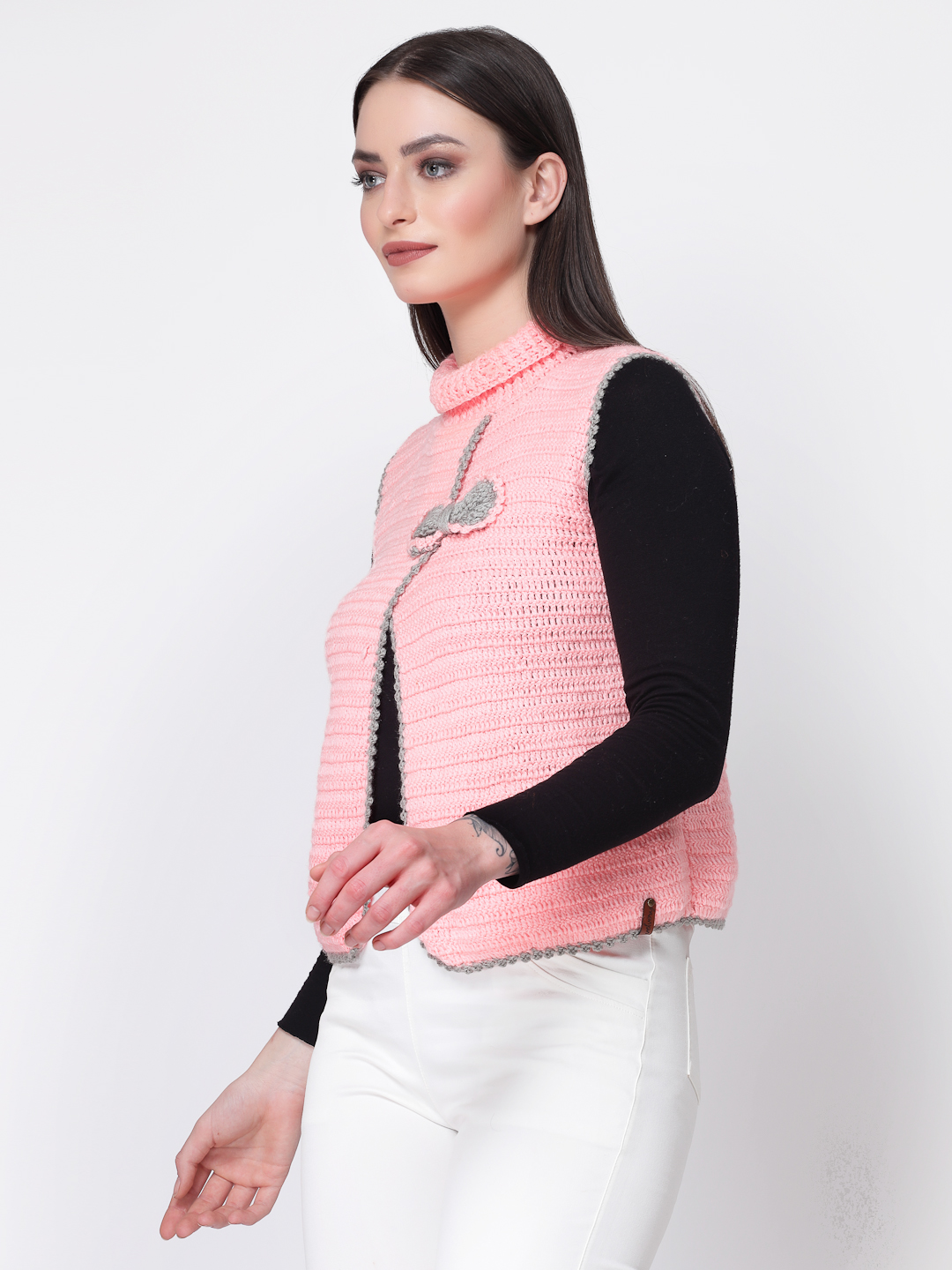 Women Crochet Bow Detailing High Neck Sweater - Peach