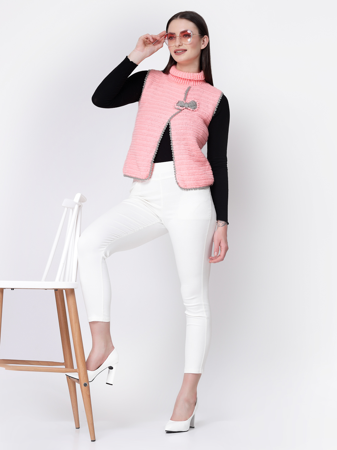 Women Crochet Bow Detailing High Neck Sweater - Peach