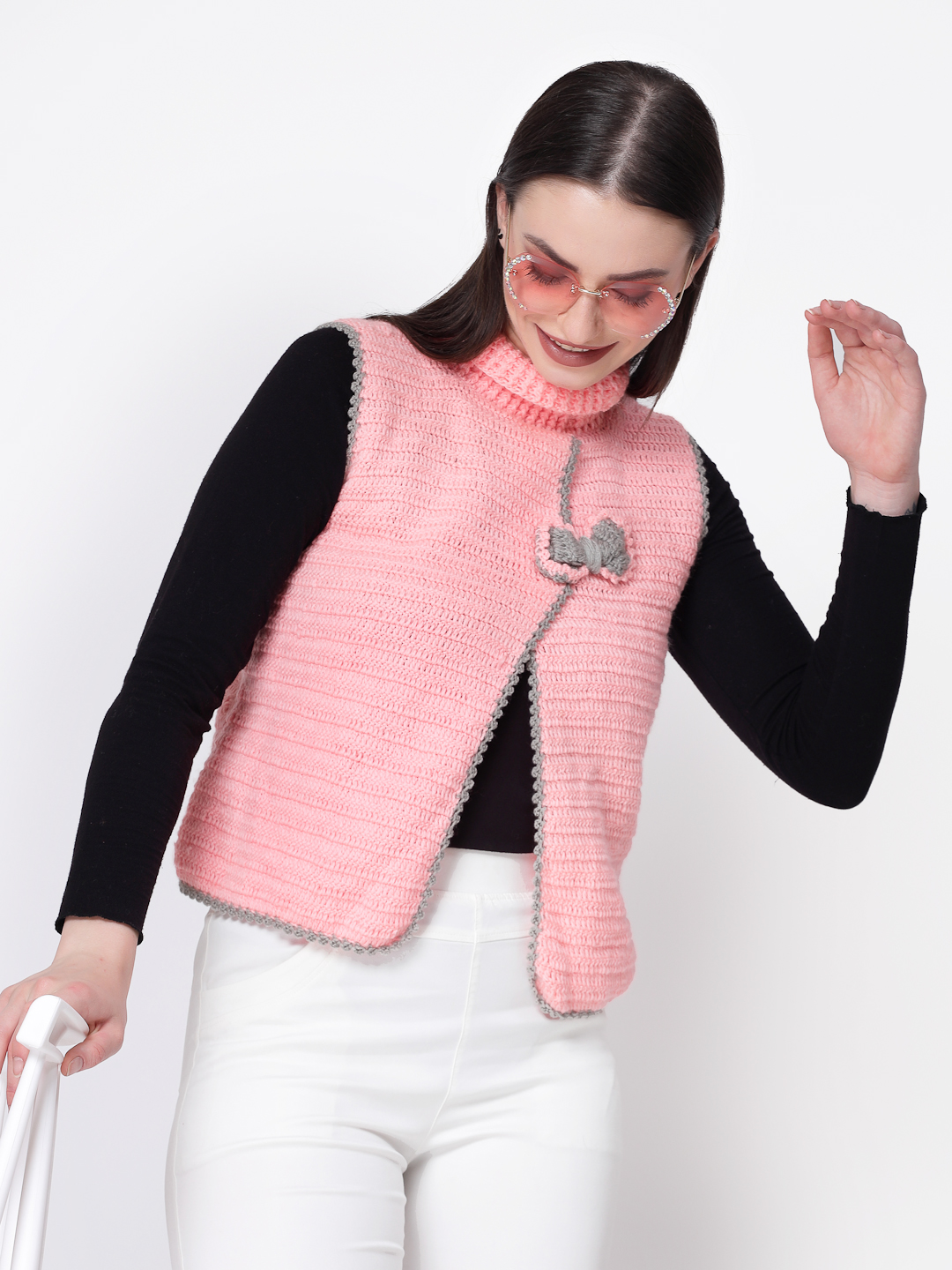 Women Crochet Bow Detailing High Neck Sweater - Peach