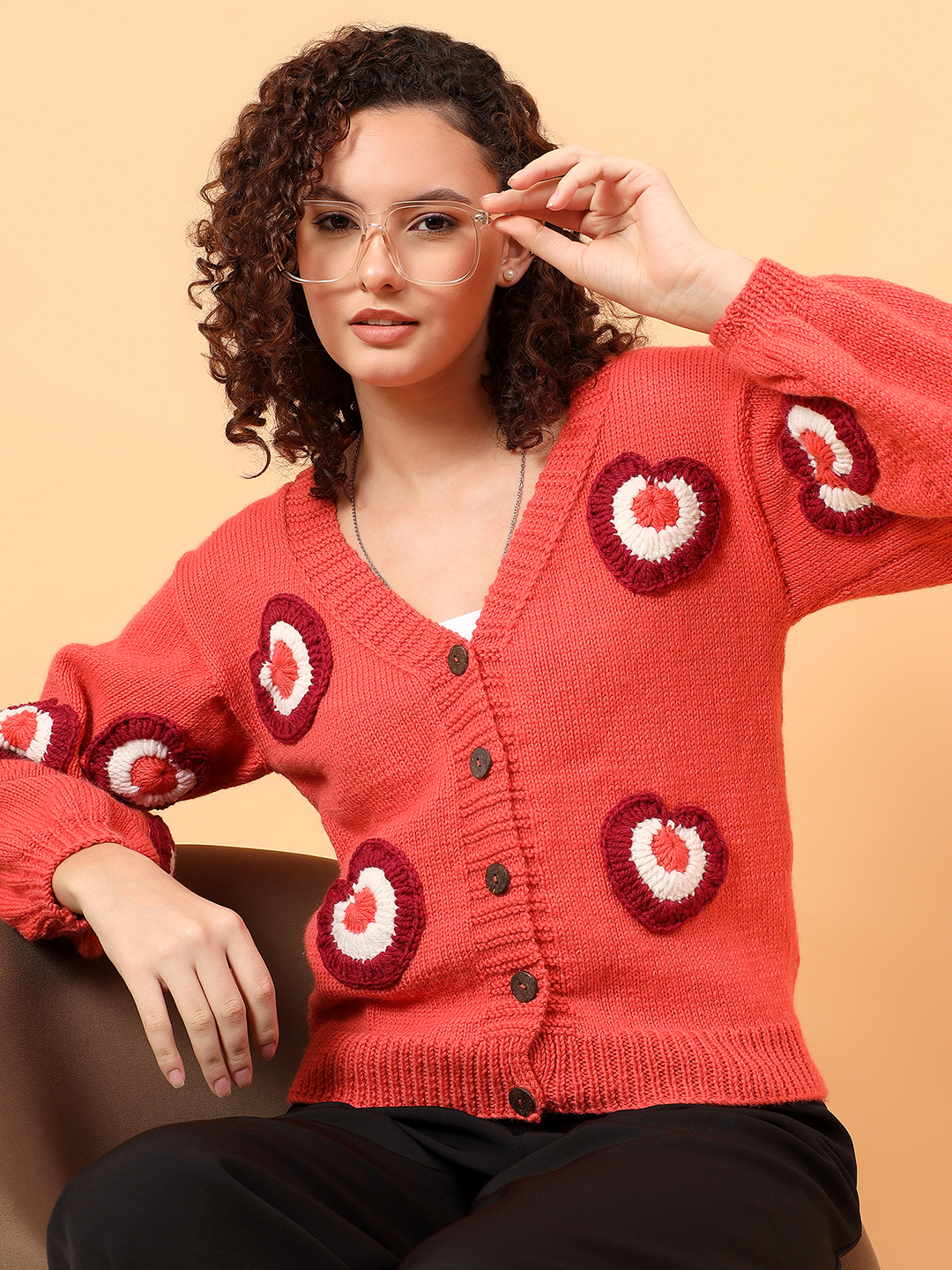 Velvery Merino Sustainable Heart Applique Sweater - Peach