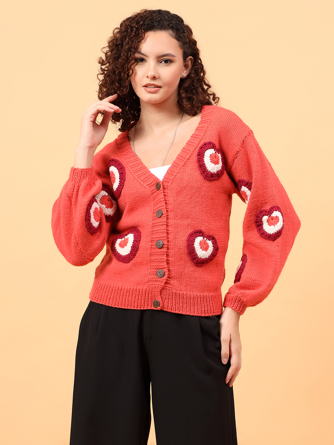 Velvery Merino Sustainable Heart Applique Sweater - Peach