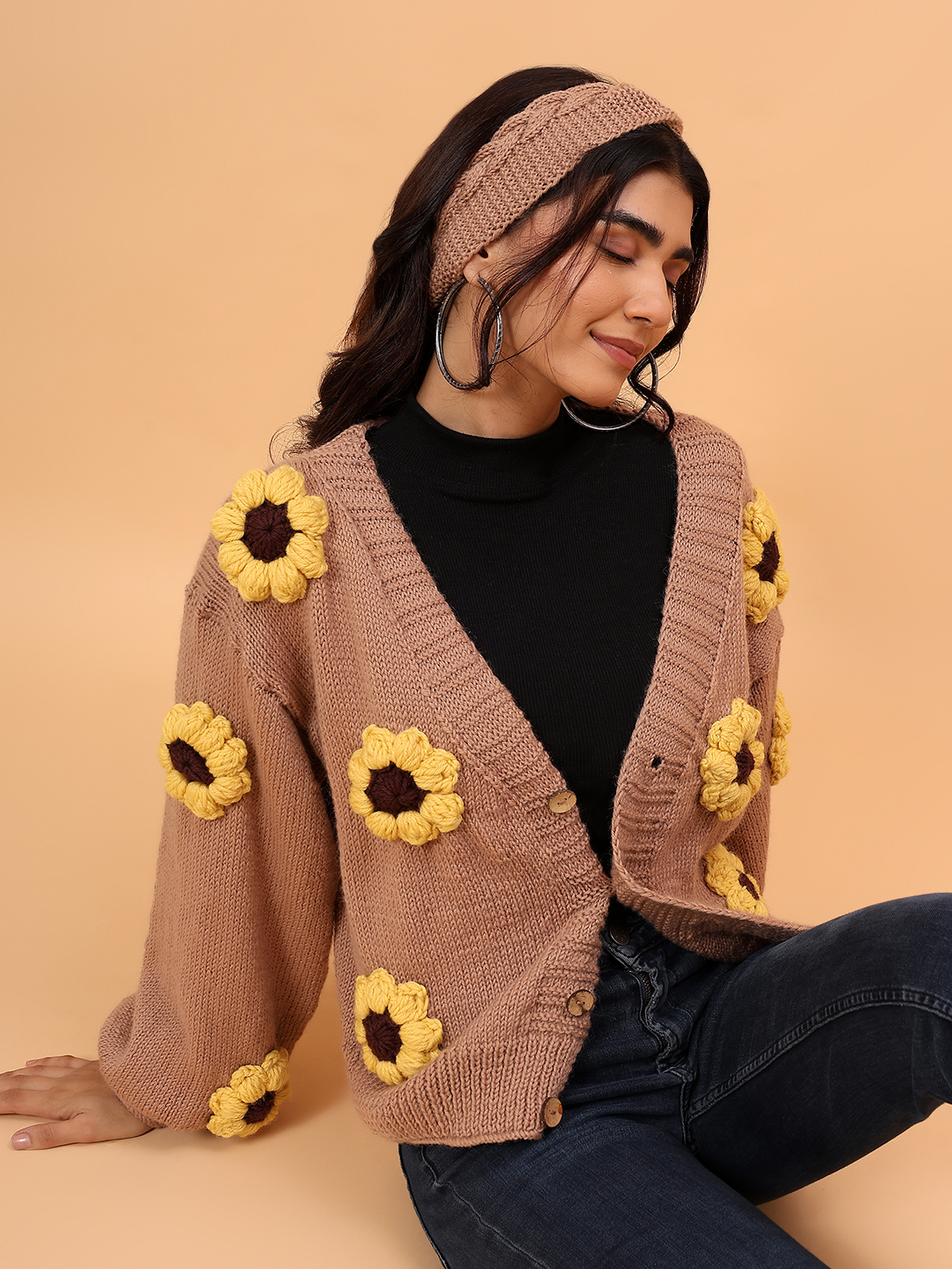Velvery Merino Sustainable Sunflower Handknitted Sweater - Beige