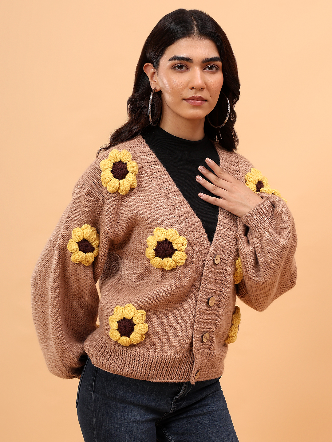 Velvery Merino Sustainable Sunflower Handknitted Sweater - Beige