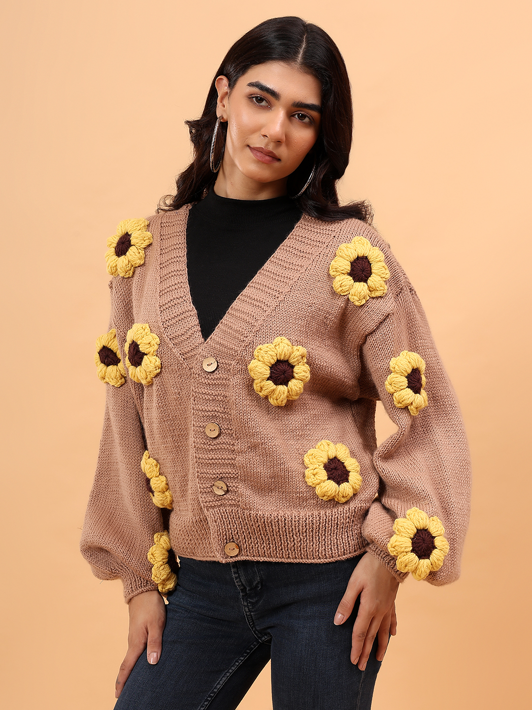 Velvery Merino Sustainable Sunflower Handknitted Sweater - Beige