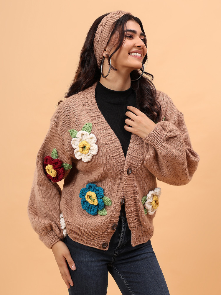 Image of Pure Wool Sustainable Colorful Floral Handknitted Sweater - Beige