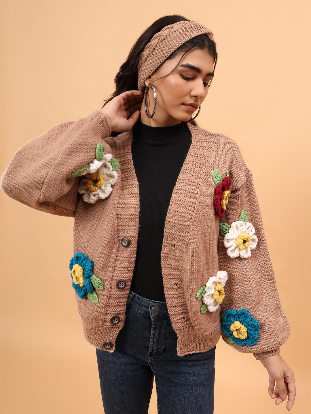Pure Wool Sustainable Colorful Floral Handknitted Sweater - Beige