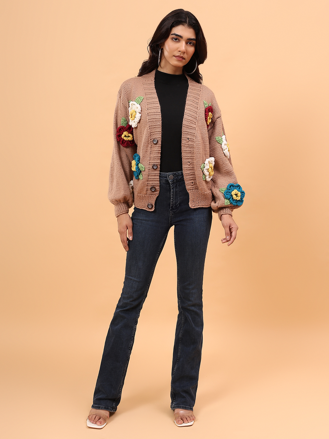 Pure Wool Sustainable Colorful Floral Handknitted Sweater - Beige