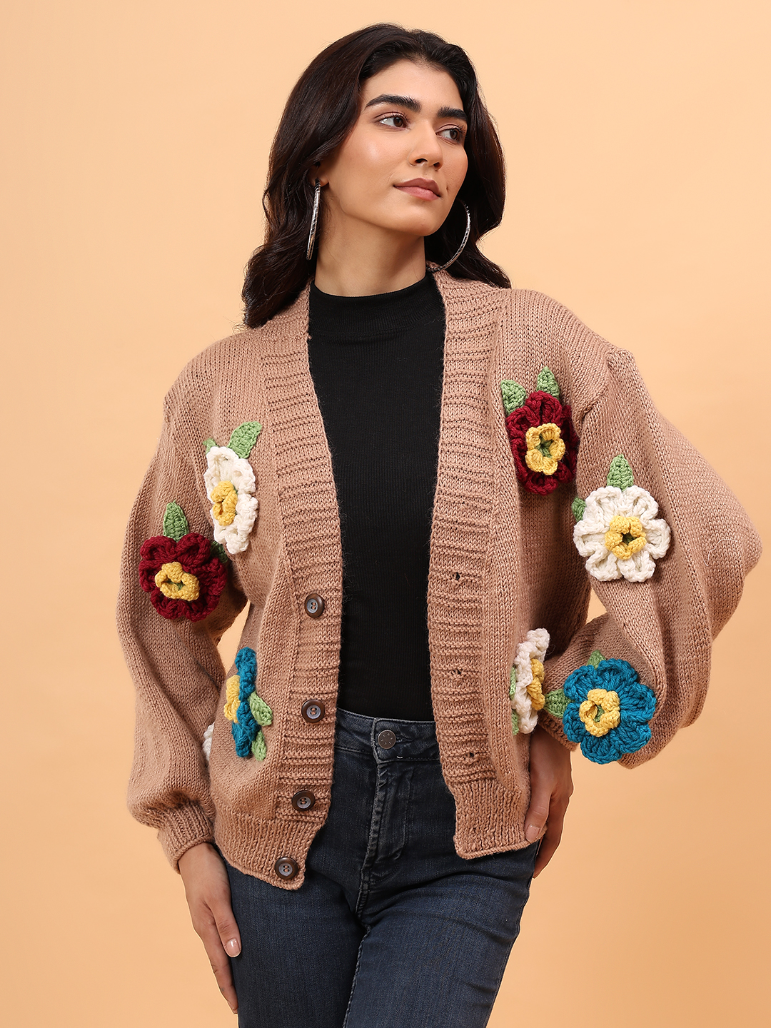 Pure Wool Sustainable Colorful Floral Handknitted Sweater - Beige