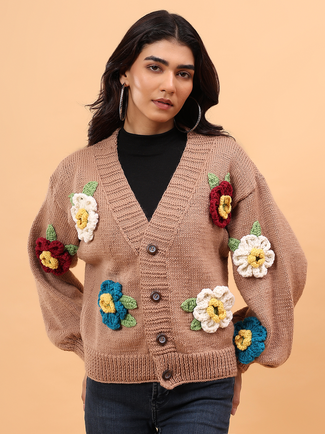 Pure Wool Sustainable Colorful Floral Handknitted Sweater - Beige