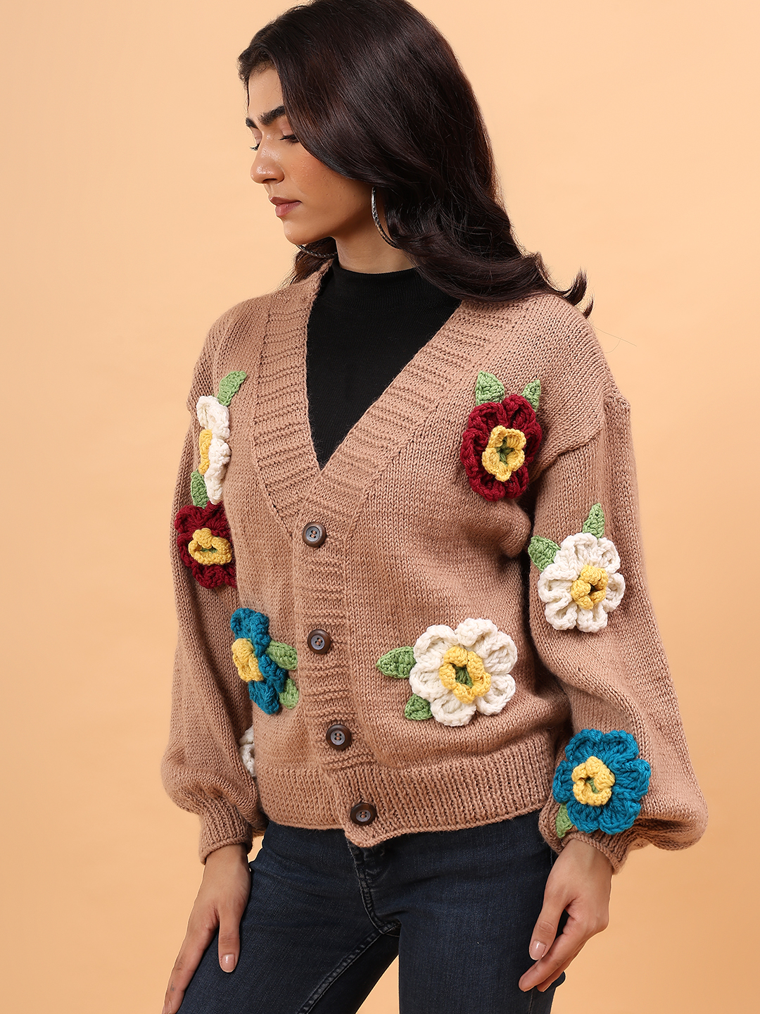 Pure Wool Sustainable Colorful Floral Handknitted Sweater - Beige