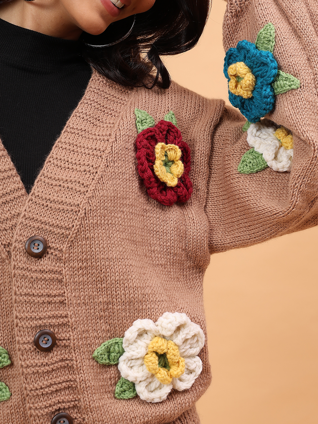 Pure Wool Sustainable Colorful Floral Handknitted Sweater - Beige