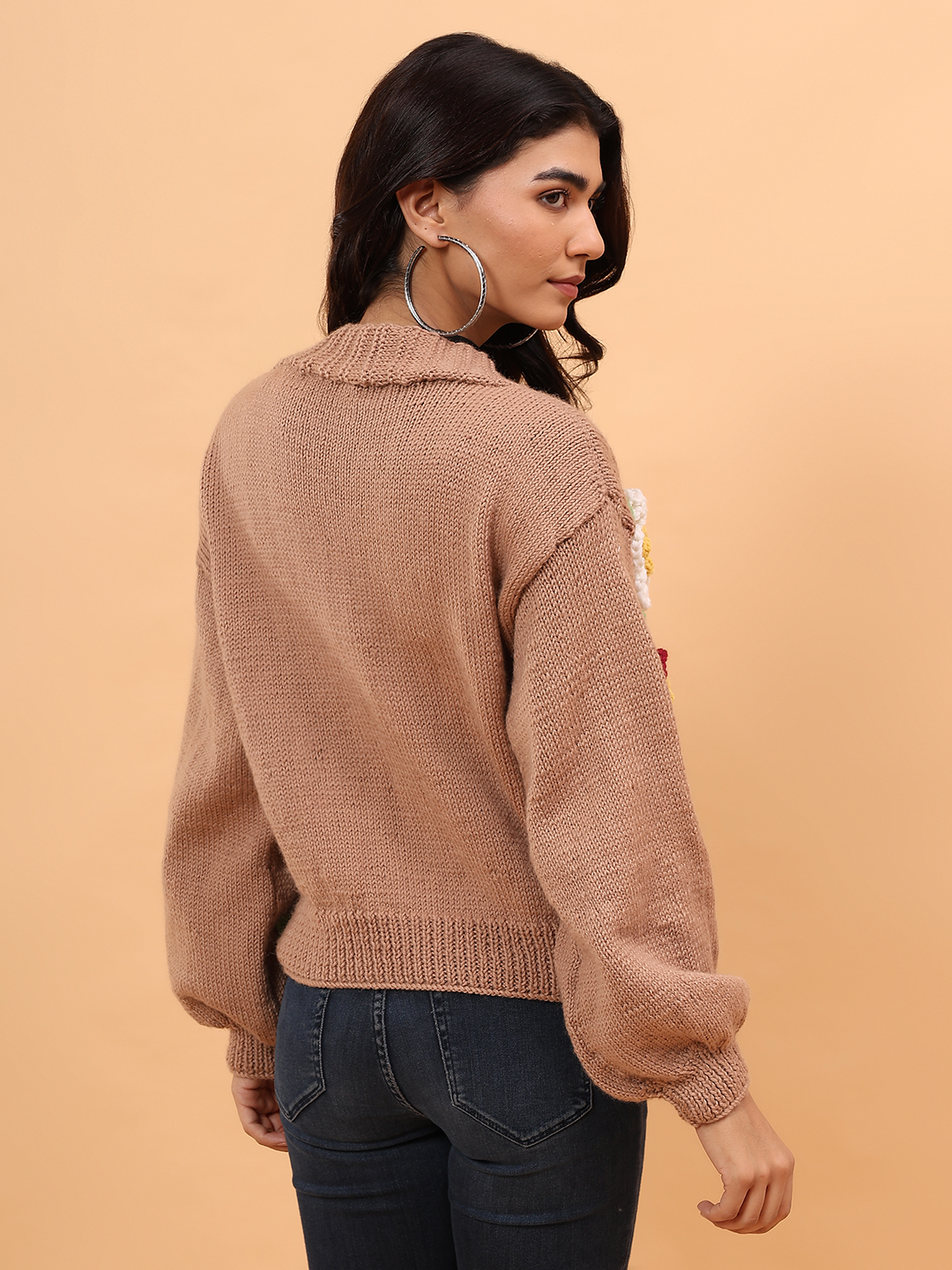 Pure Wool Sustainable Colorful Floral Handknitted Sweater - Beige