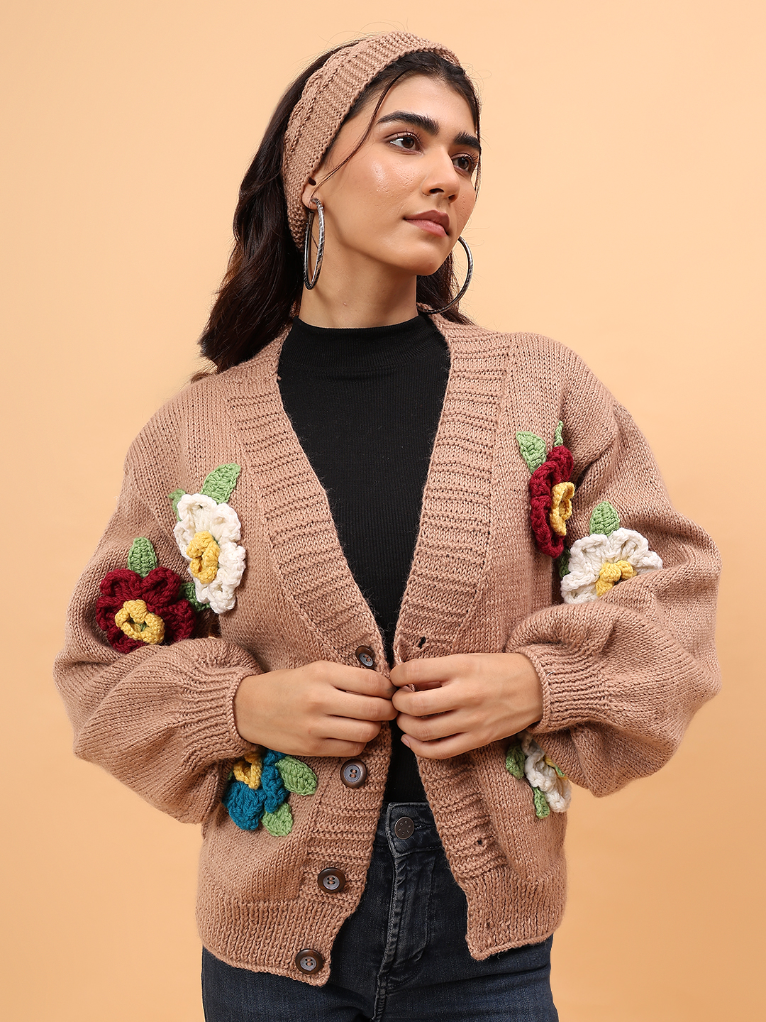 Pure Wool Sustainable Colorful Floral Handknitted Sweater - Beige