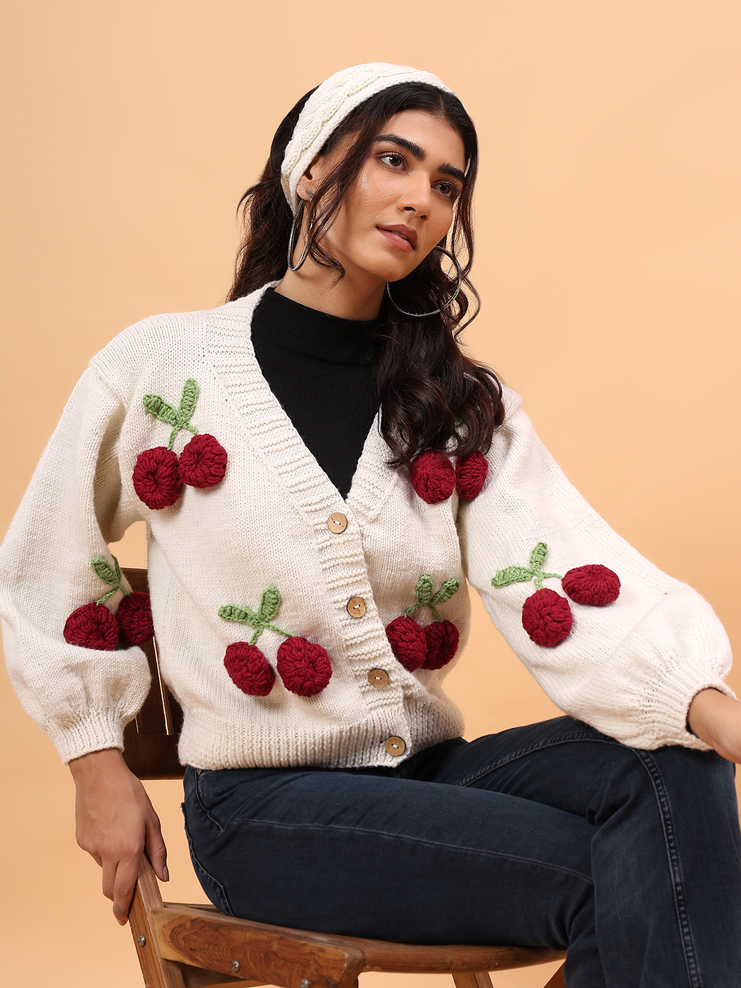 Velvery Merino Sustainable Cherry Handknitted Sweater - Cream