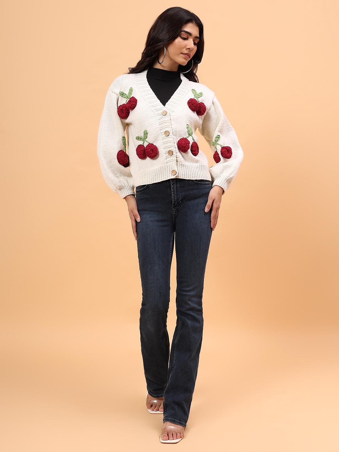 Velvery Merino Sustainable Cherry Handknitted Sweater - Cream