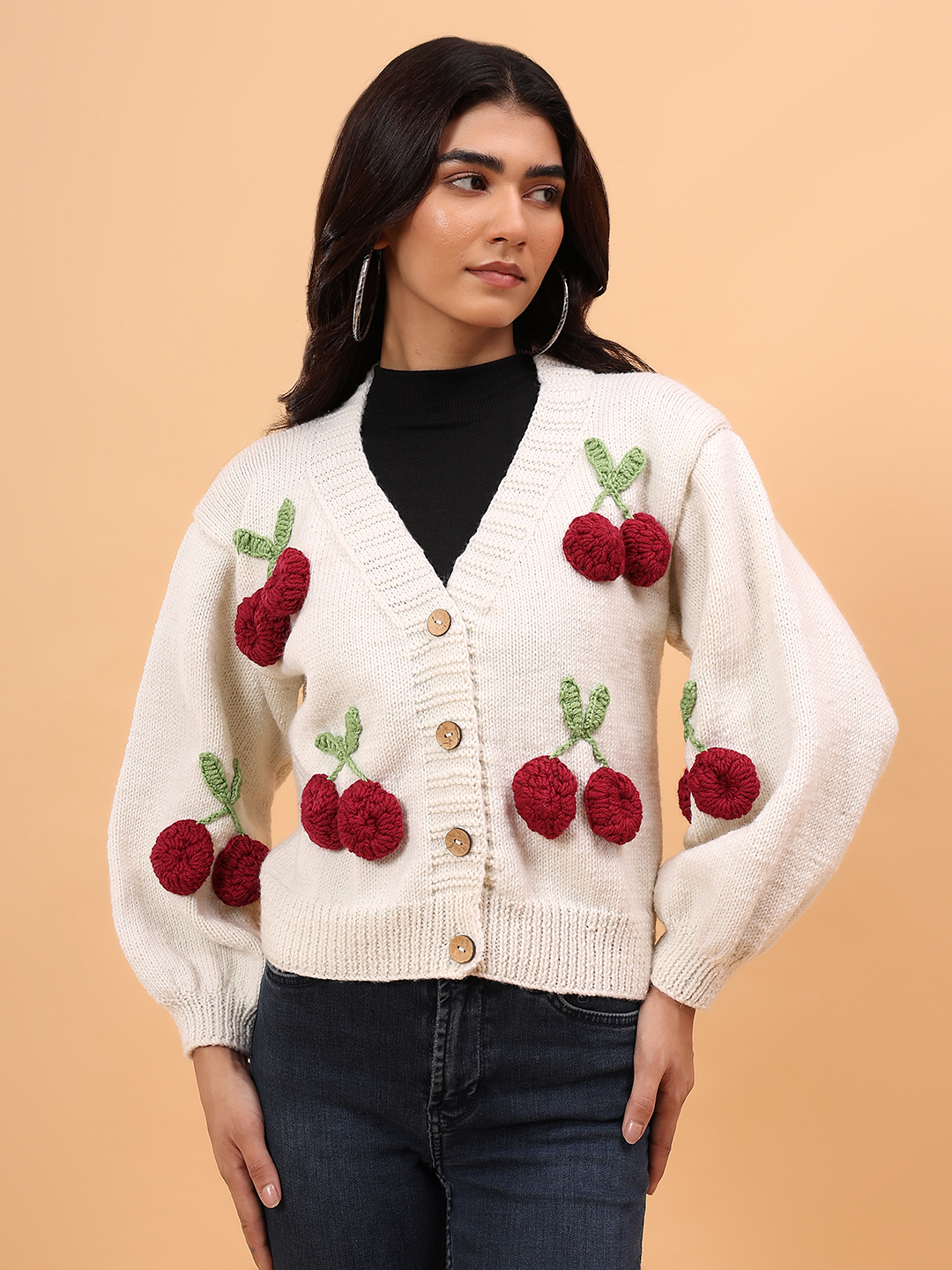 Velvery Merino Sustainable Cherry Handknitted Sweater - Cream