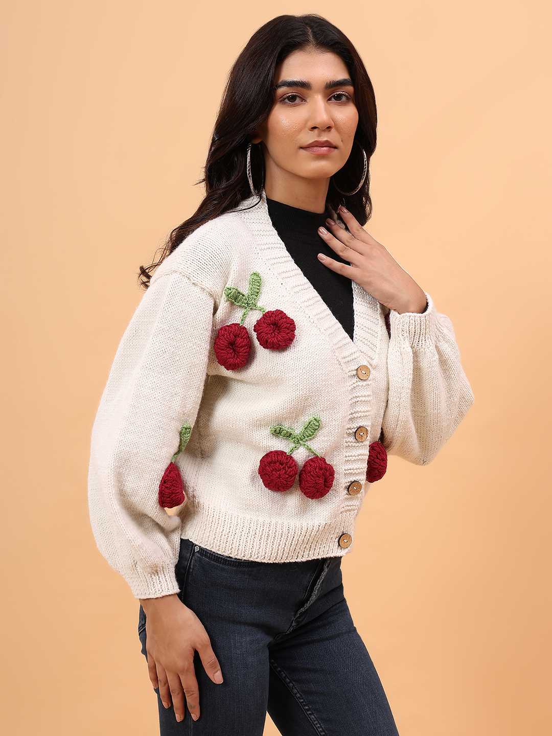 Velvery Merino Sustainable Cherry Handknitted Sweater - Cream