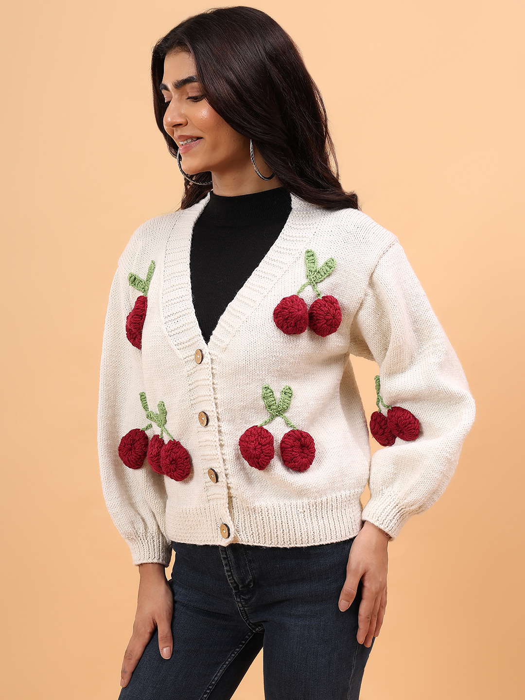 Velvery Merino Sustainable Cherry Handknitted Sweater - Cream