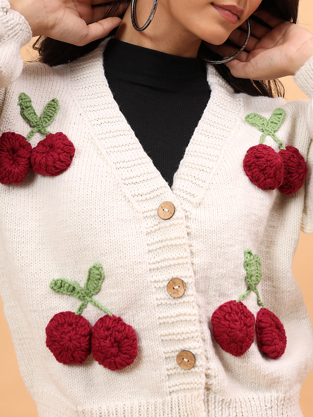 Velvery Merino Sustainable Cherry Handknitted Sweater - Cream