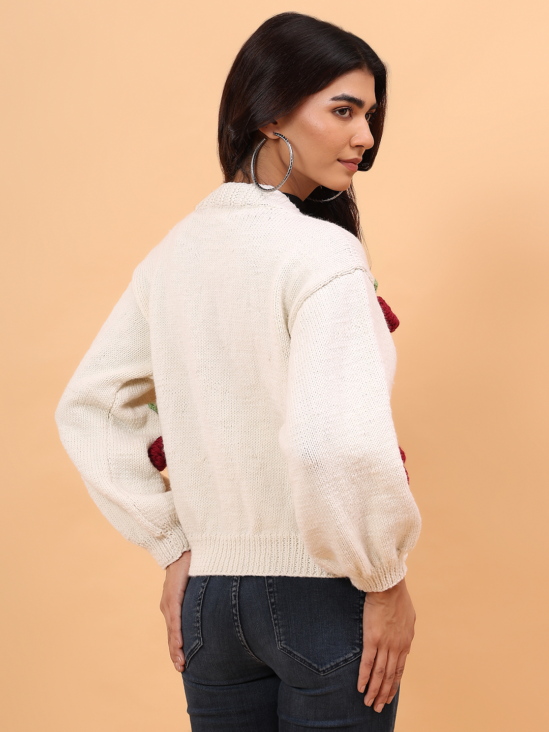 Velvery Merino Sustainable Cherry Handknitted Sweater - Cream