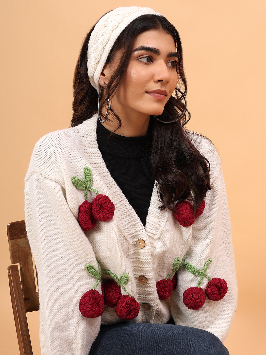 Velvery Merino Sustainable Cherry Handknitted Sweater - Cream