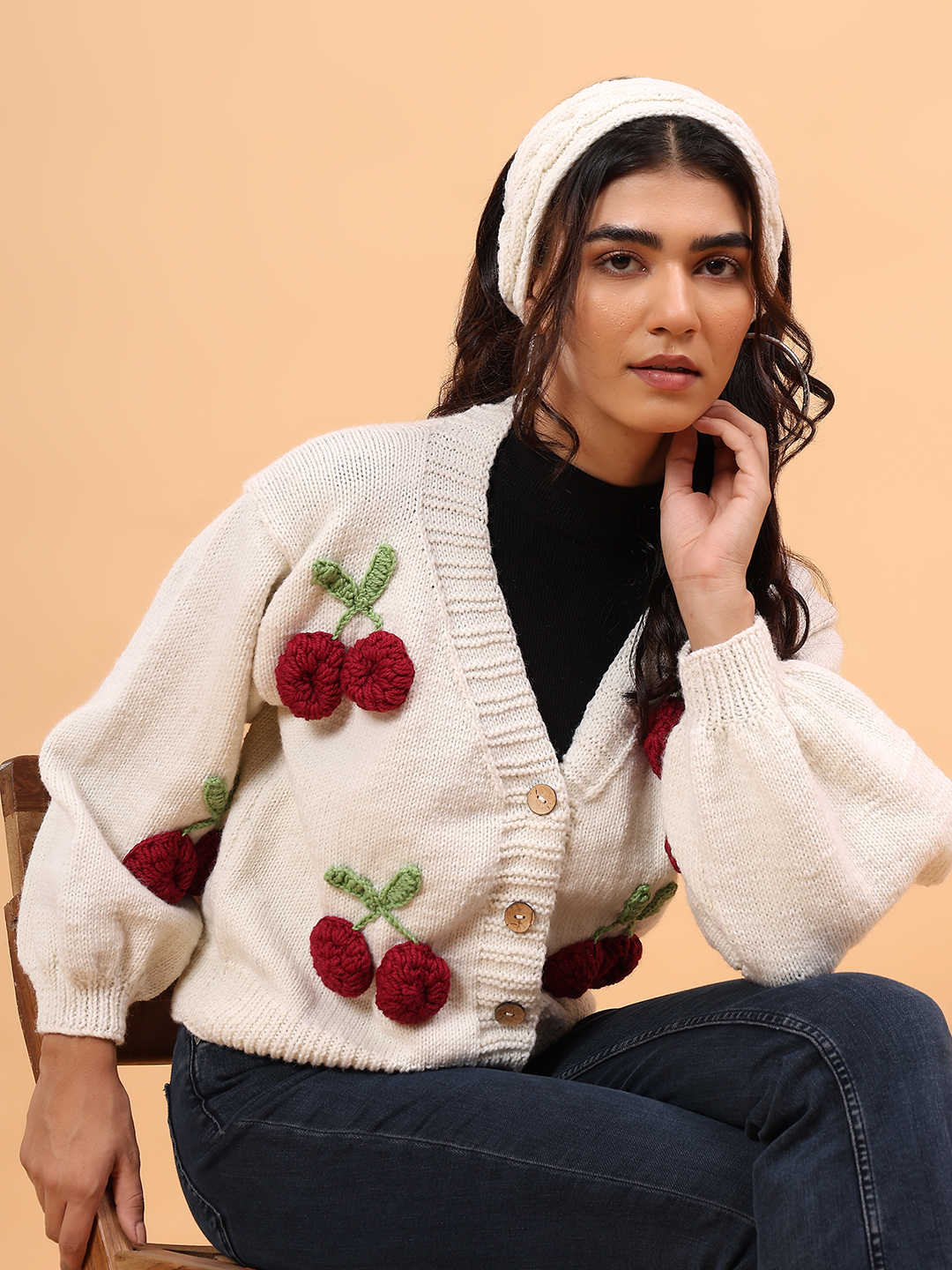 Velvery Merino Sustainable Cherry Handknitted Sweater - Cream
