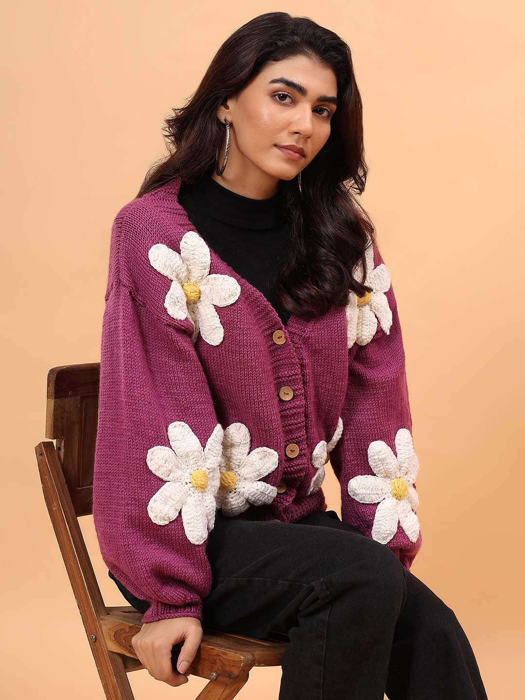 Velvery Merino Sustainable Floral Handknitted Sweater - Purple