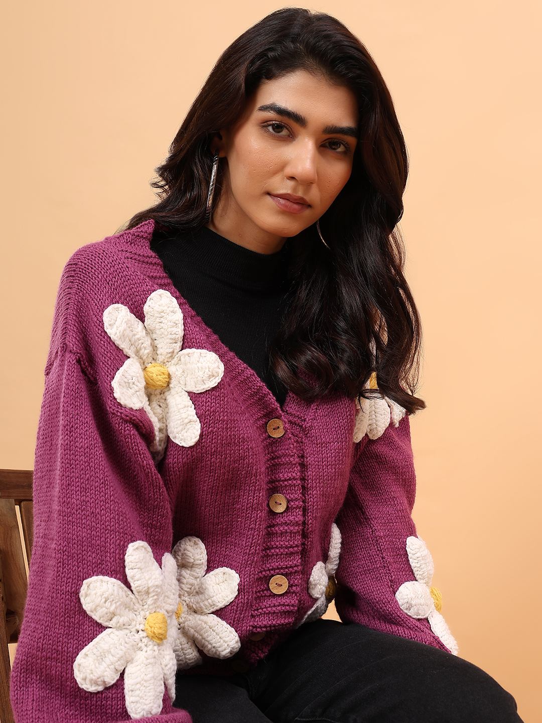 Velvery Merino Sustainable Floral Handknitted Sweater - Purple
