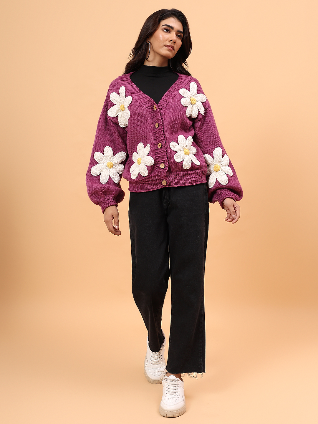 Velvery Merino Sustainable Floral Handknitted Sweater - Purple