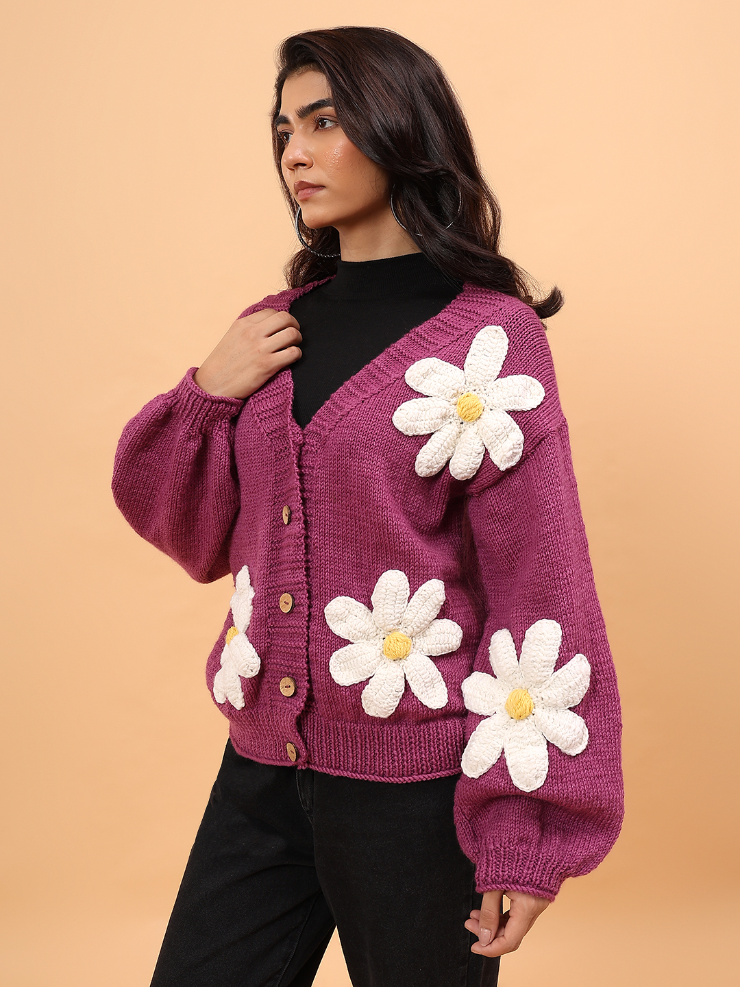 Velvery Merino Sustainable Floral Handknitted Sweater - Purple