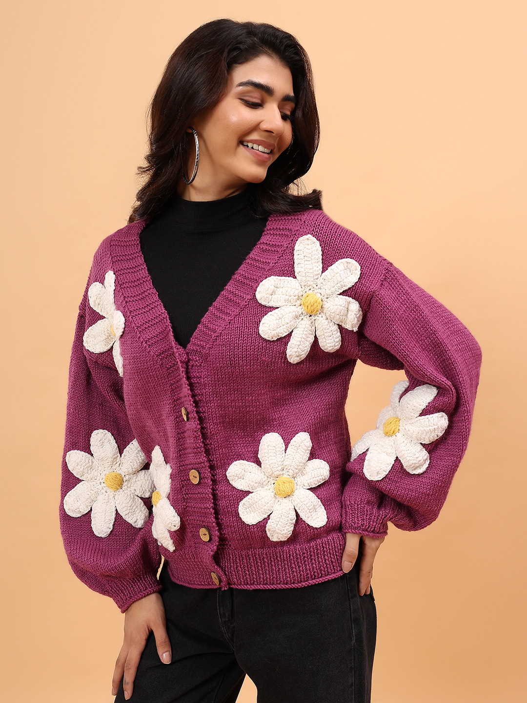 Velvery Merino Sustainable Floral Handknitted Sweater - Purple
