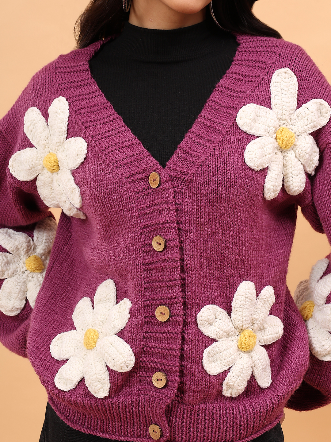 Velvery Merino Sustainable Floral Handknitted Sweater - Purple