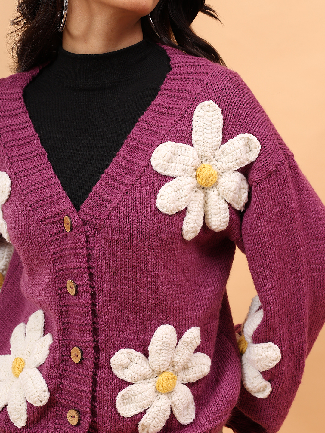 Velvery Merino Sustainable Floral Handknitted Sweater - Purple