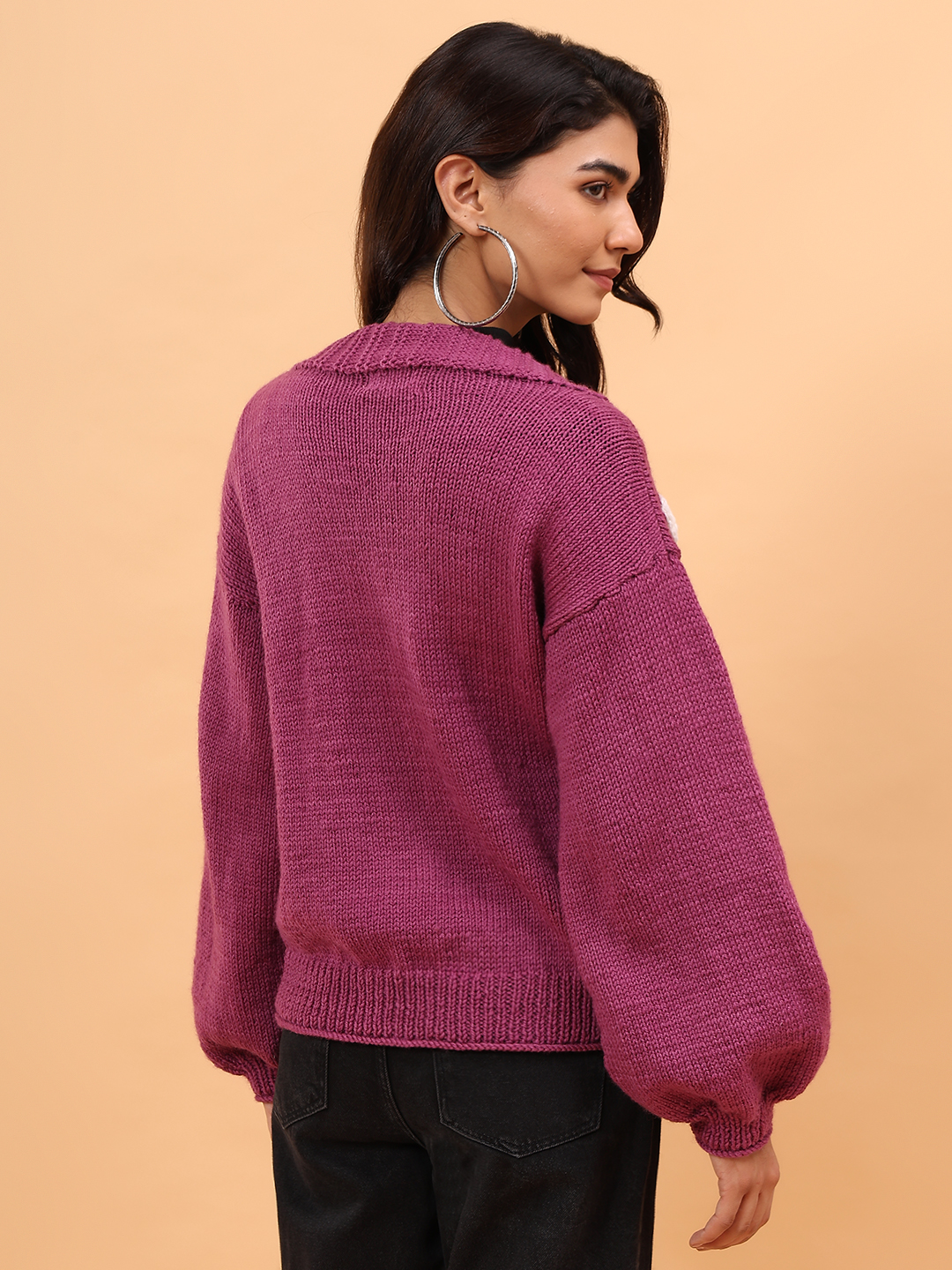 Velvery Merino Sustainable Floral Handknitted Sweater - Purple