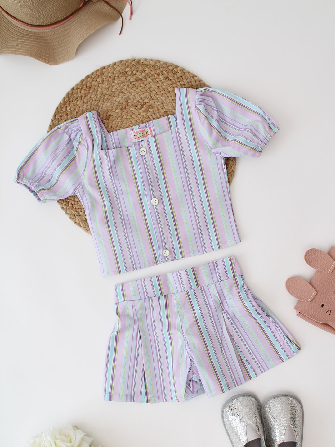 Puffed Sleeves Front Open Striped Summer Co ord Set - Mauve