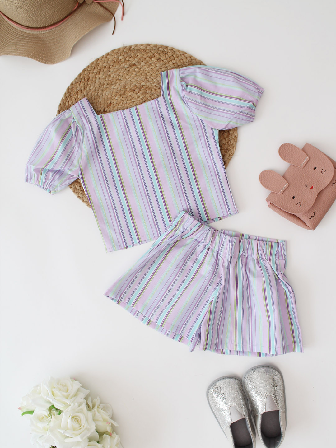 Puffed Sleeves Front Open Striped Summer Co ord Set - Mauve