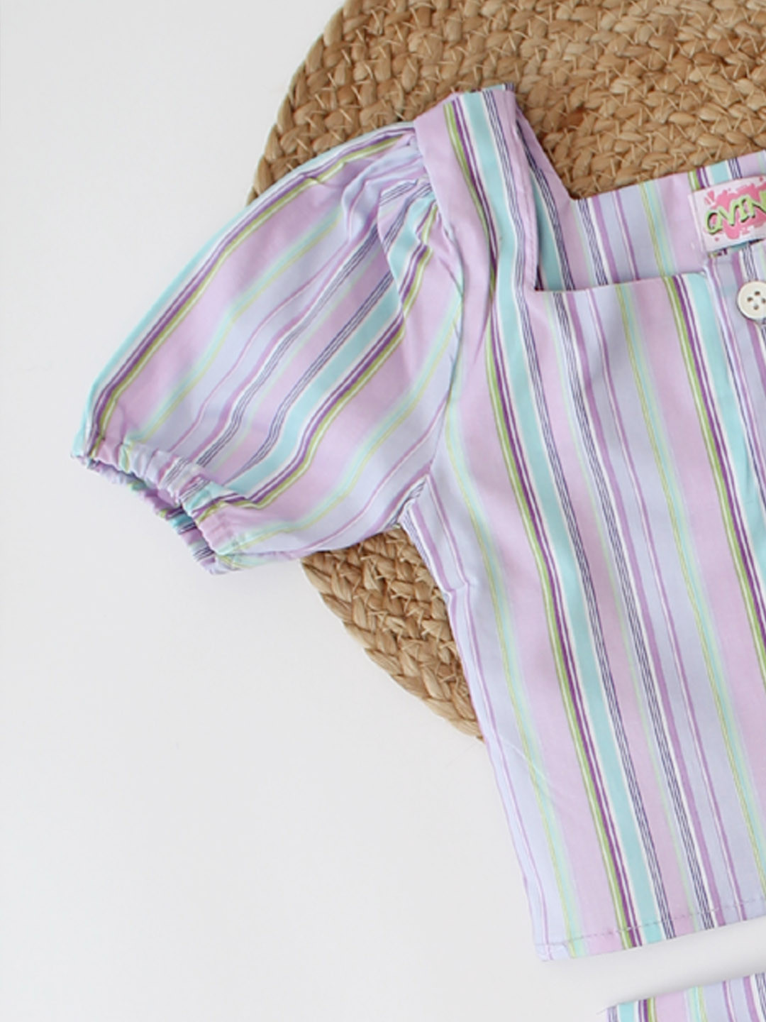 Puffed Sleeves Front Open Striped Summer Co ord Set - Mauve