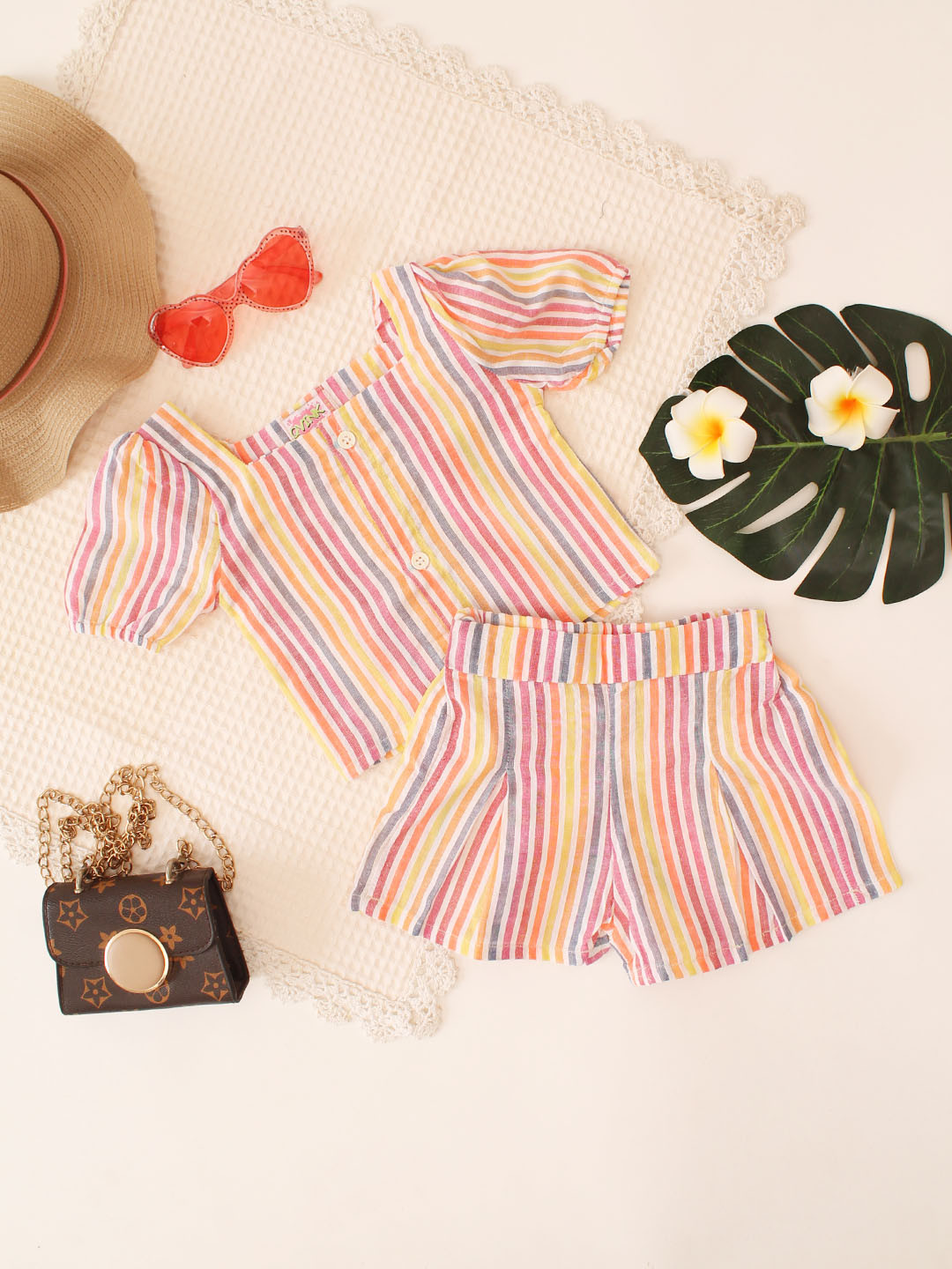 Puffed Sleeves Striped Top & Shorts Cotton Co-ord Set - Multi