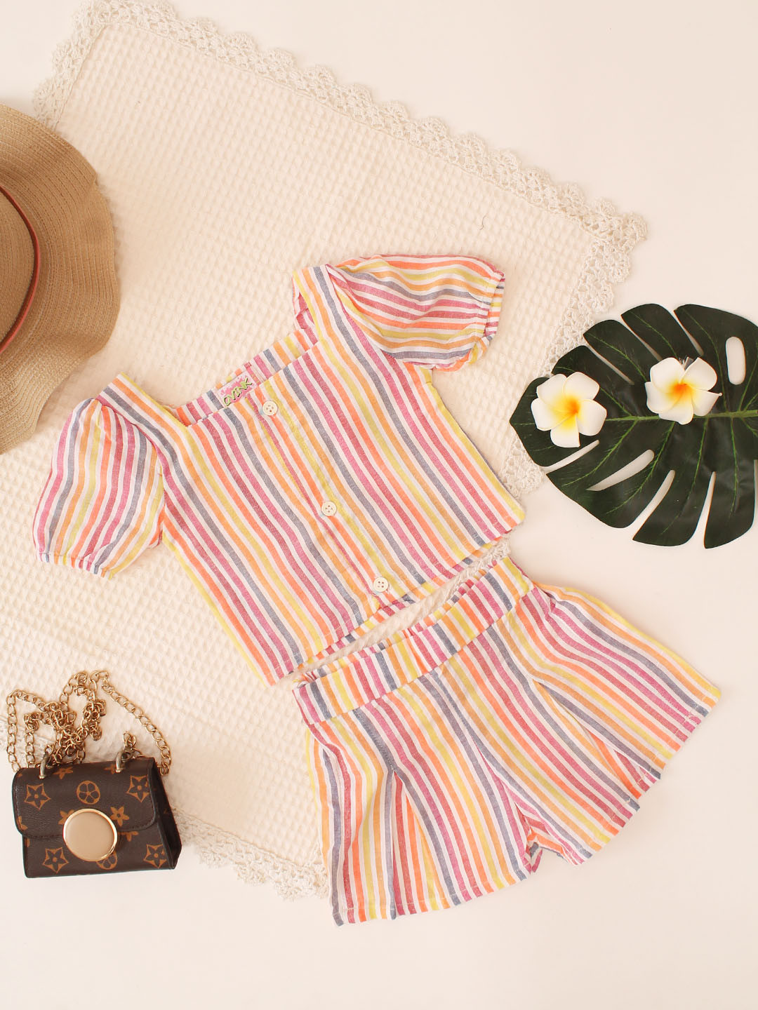 Puffed Sleeves Striped Top & Shorts Cotton Co-ord Set - Multi