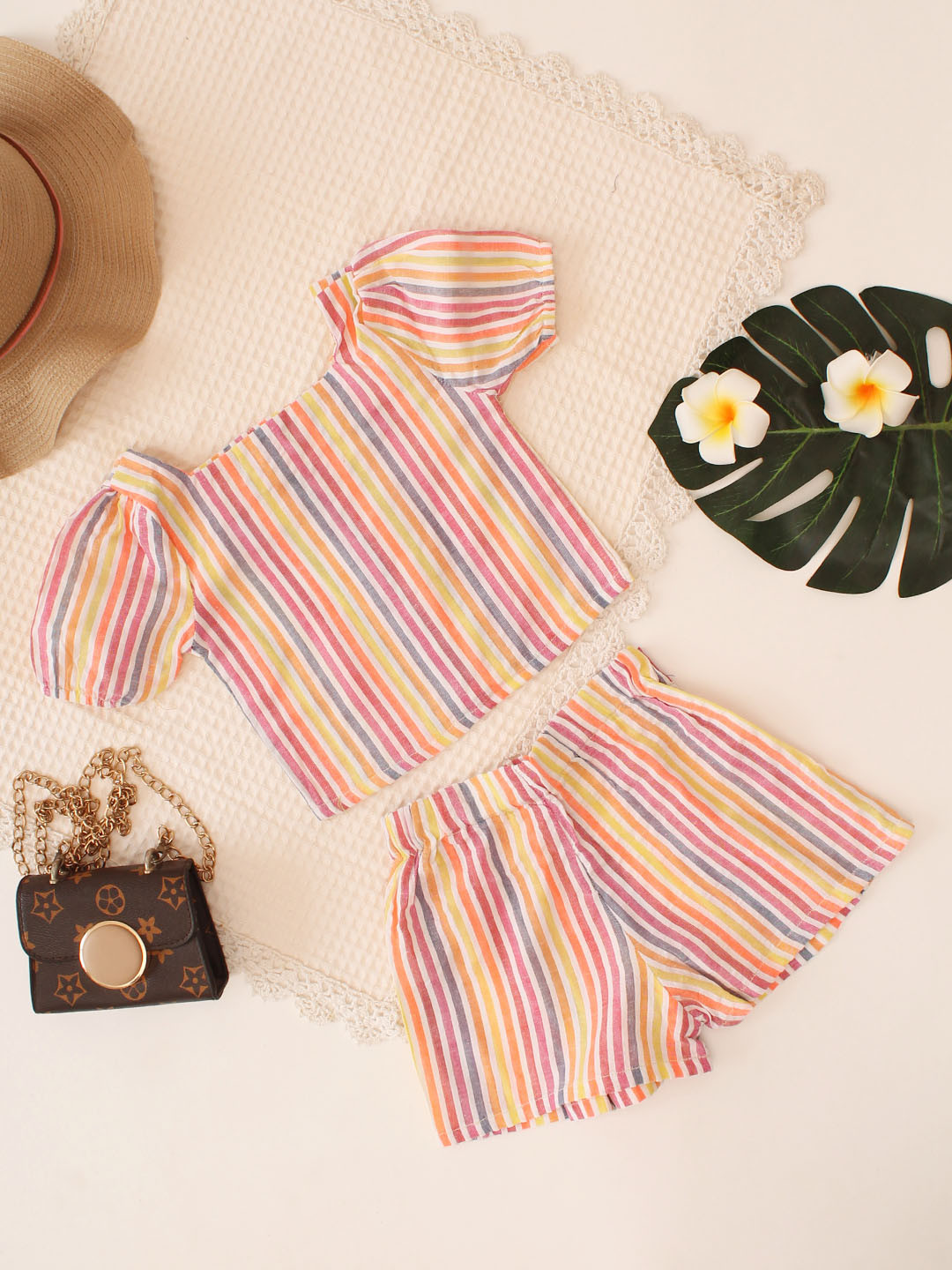 Puffed Sleeves Striped Top & Shorts Cotton Co-ord Set - Multi
