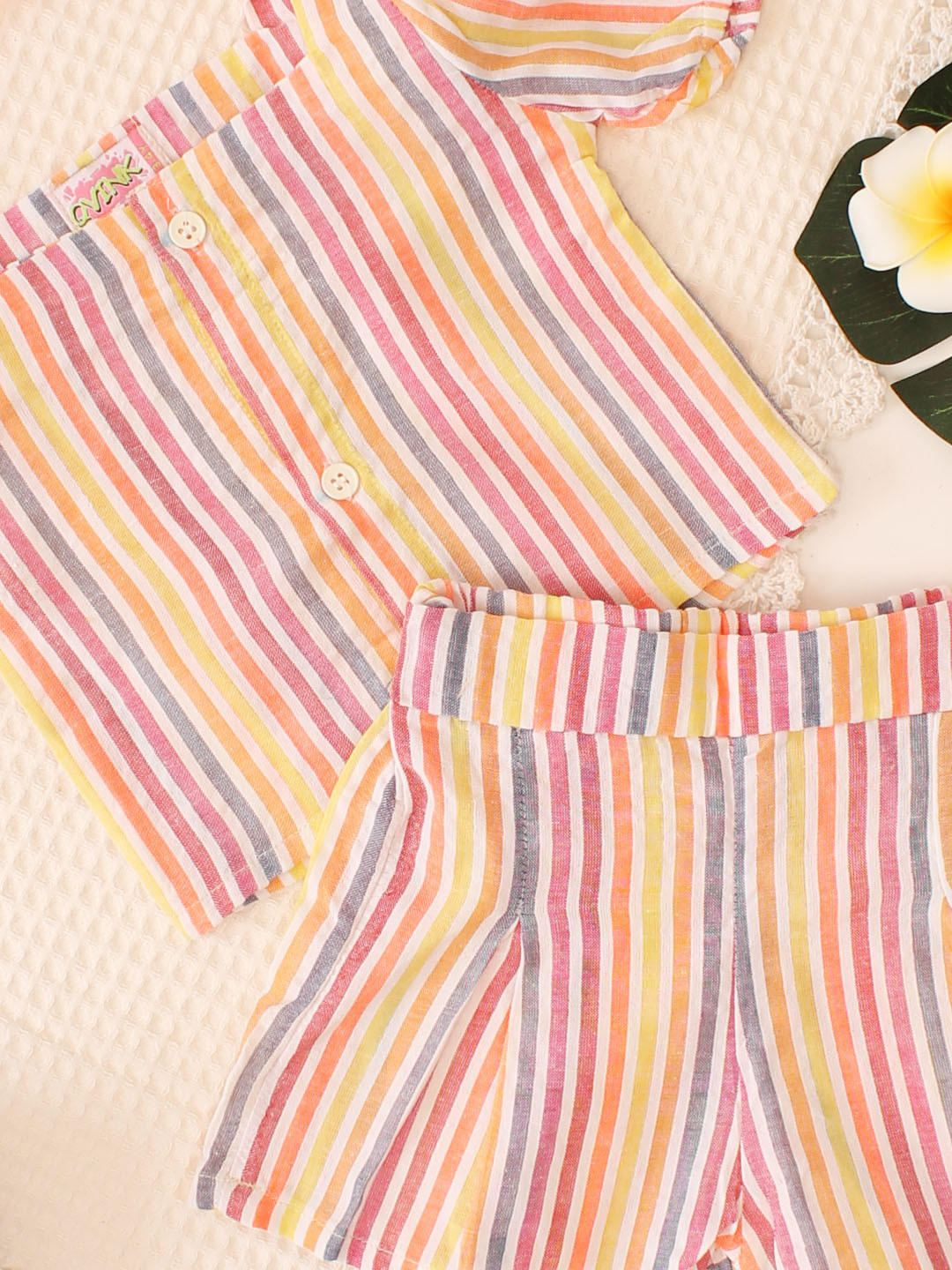 Puffed Sleeves Striped Top & Shorts Cotton Co-ord Set - Multi