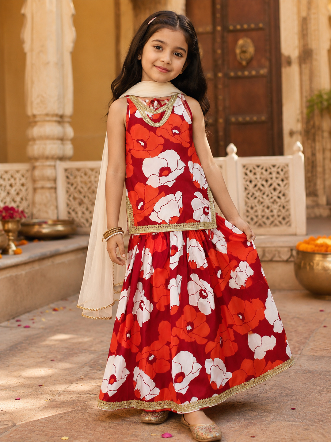 Floral Printed & Lace Work Detailed Co ord Sets Ethnic - Red