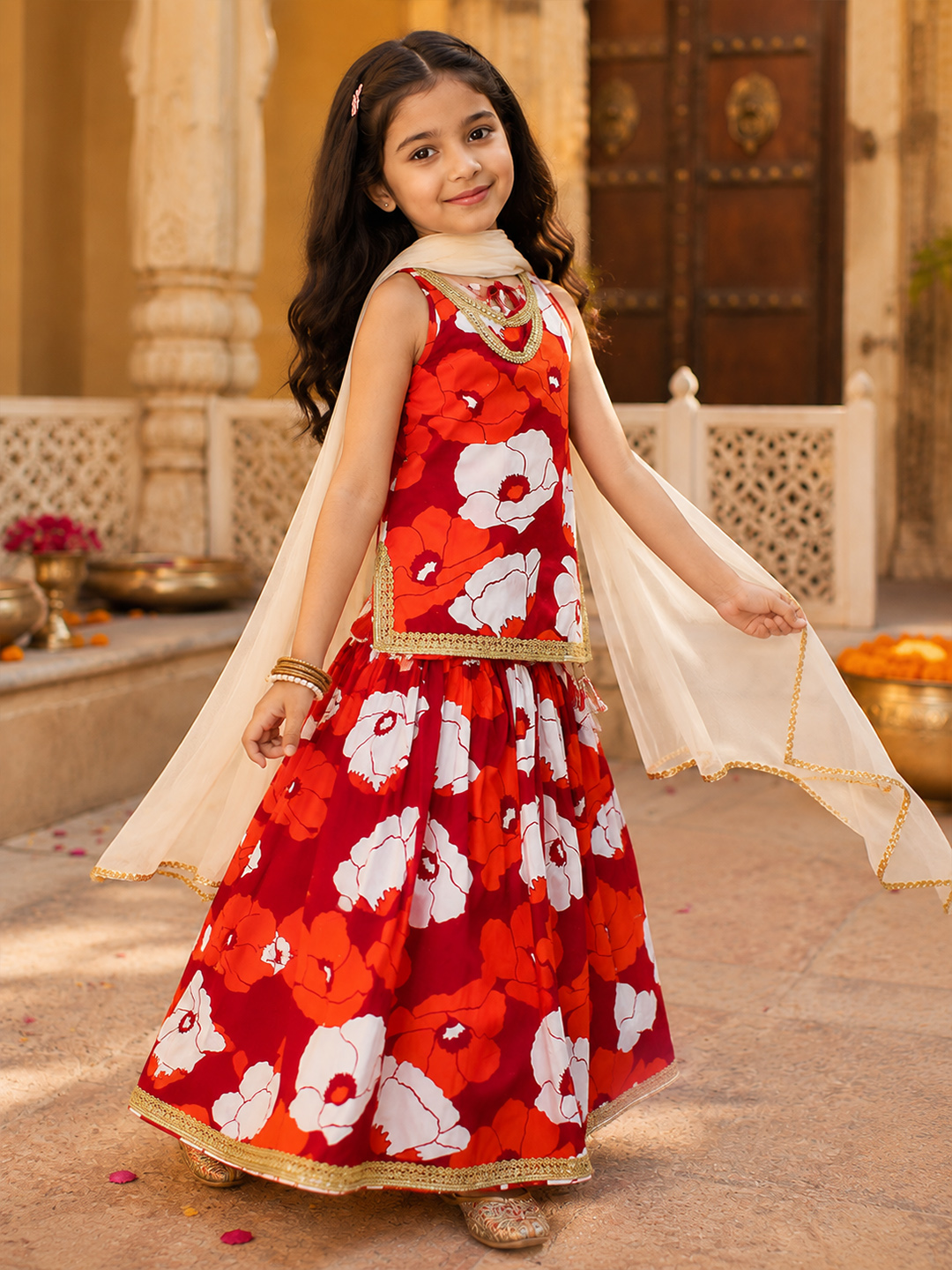 Floral Printed & Lace Work Detailed Co ord Sets Ethnic - Red
