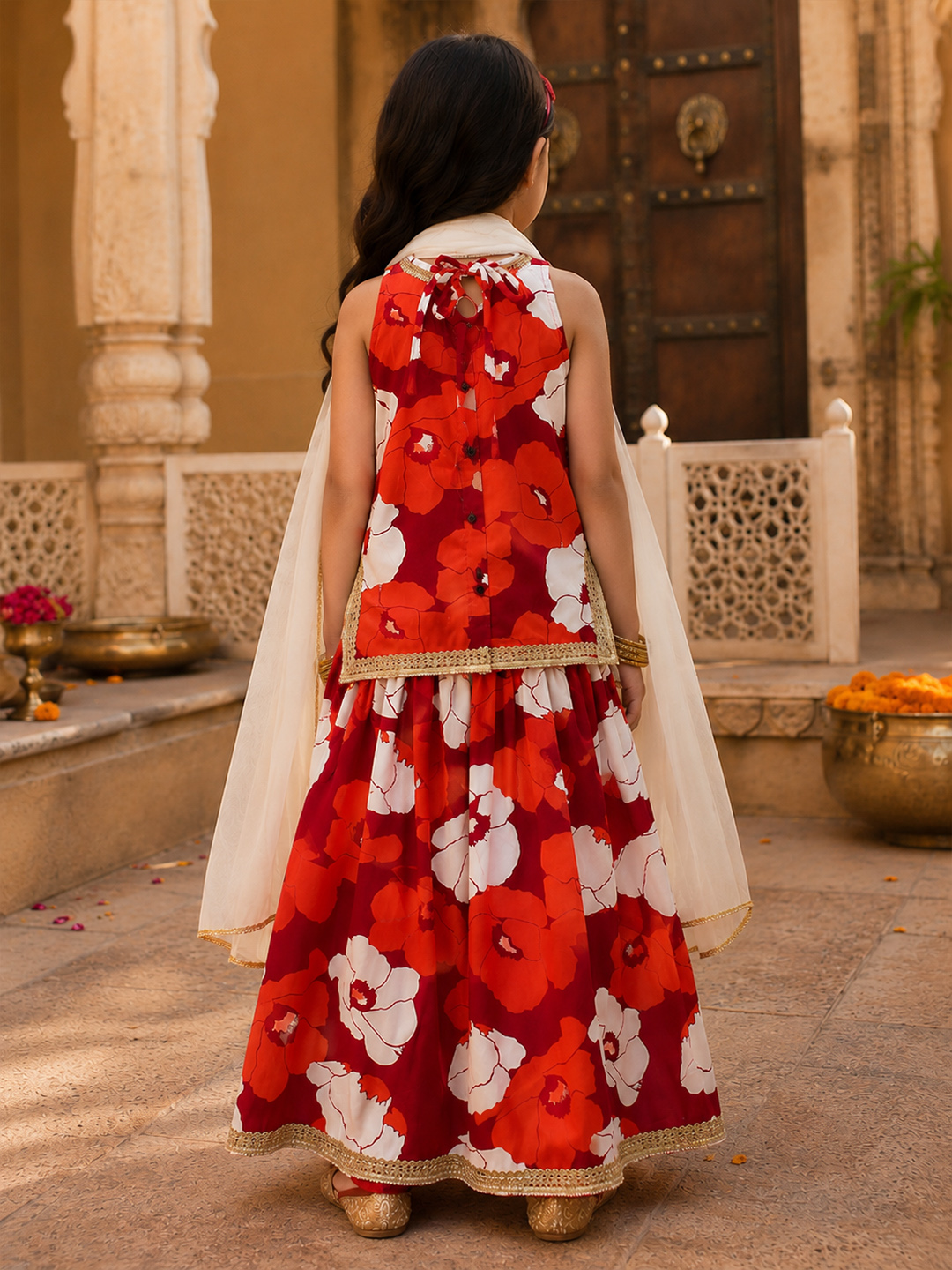 Floral Printed & Lace Work Detailed Co ord Sets Ethnic - Red