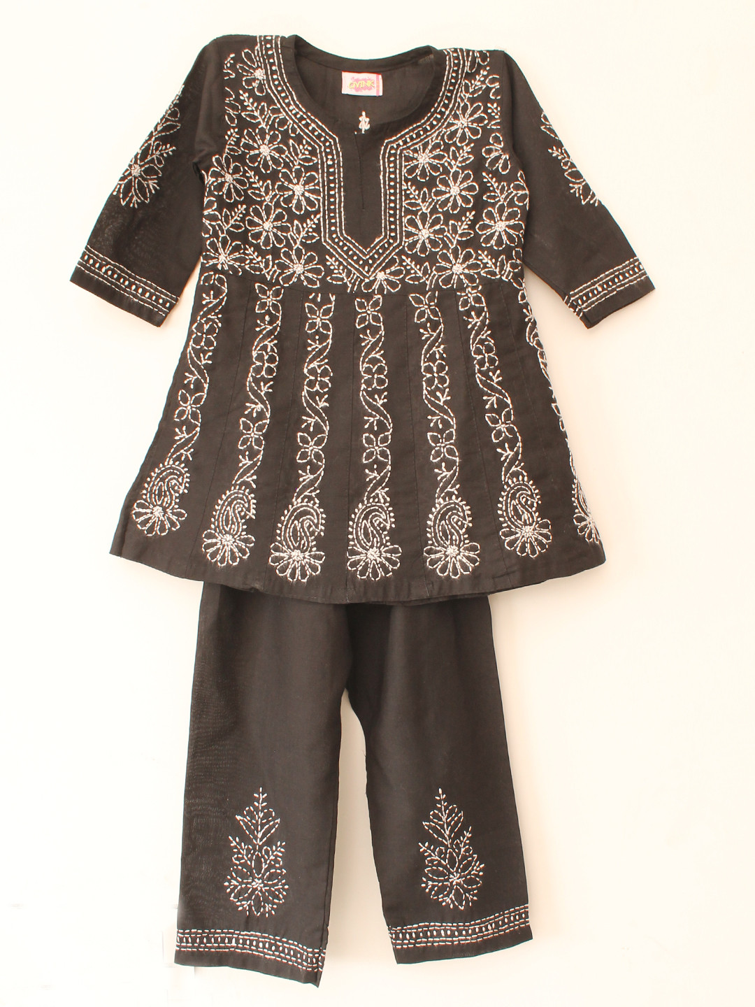 Qvink Full Sleeves All Over Chikankari Floral Embroidered Frock style Kurta With Coordinating Pant - Black