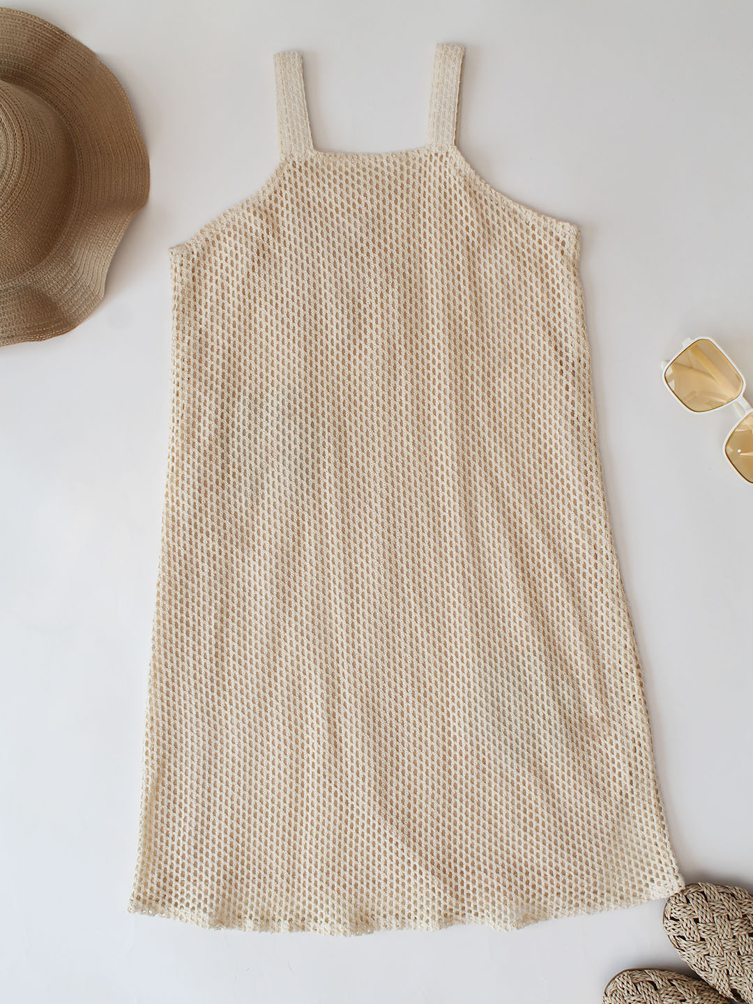 Qvink Crochet Floral Applique Dress  Cream