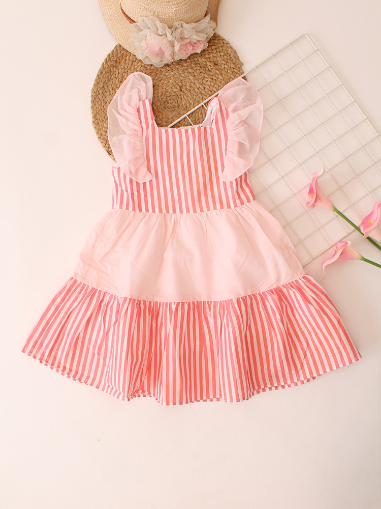 Image of Qvink Flutter Sleeves Striped Dress - Pink